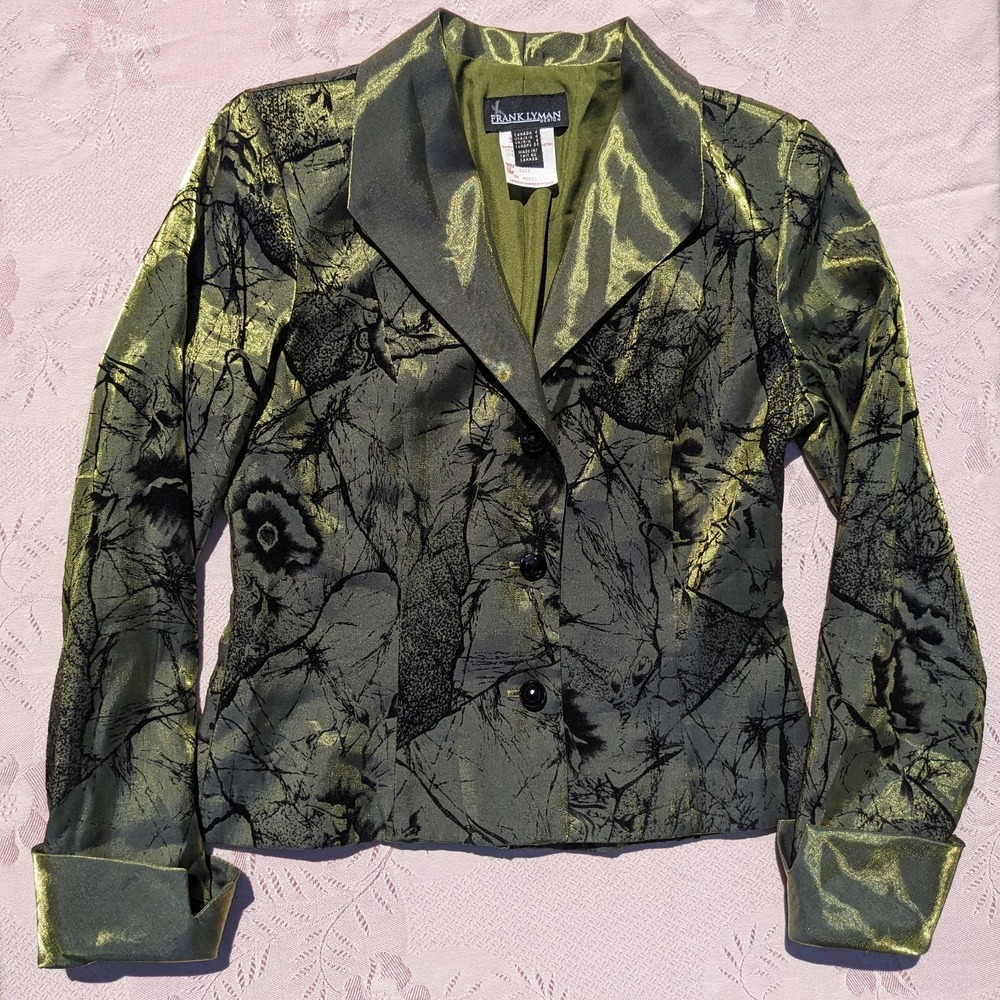 Vintage Frank Lyman Iridescent Taffeta Blazer 4 Olive Flocked Velvet Whimsigoth
